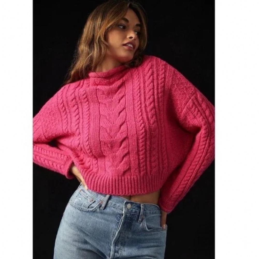 Pilcro and the Letterpress Pink Cable Knit Mock Neck Cropped Sweater Small